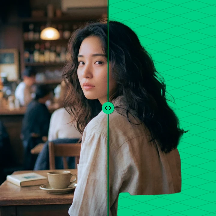 División antes/después de una mujer en un café: material original a la izquierda, fondo eliminado hasta el lienzo verde con patrón a la derecha