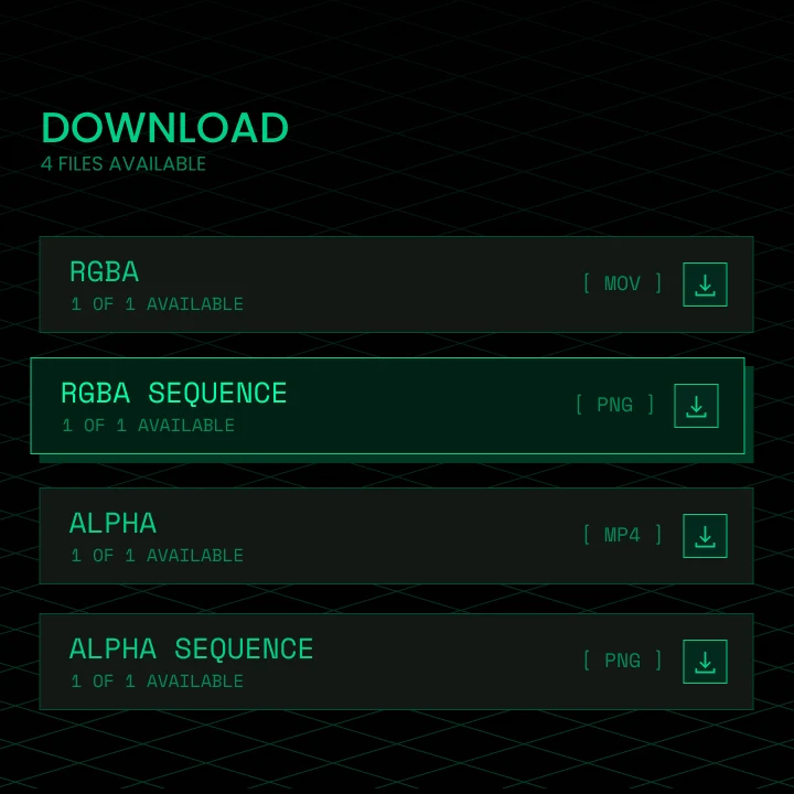 Panel de descarga estilizado con las cuatro exportaciones: RGBA MOV, secuencia RGBA PNG, Alpha MP4 y secuencia Alpha PNG