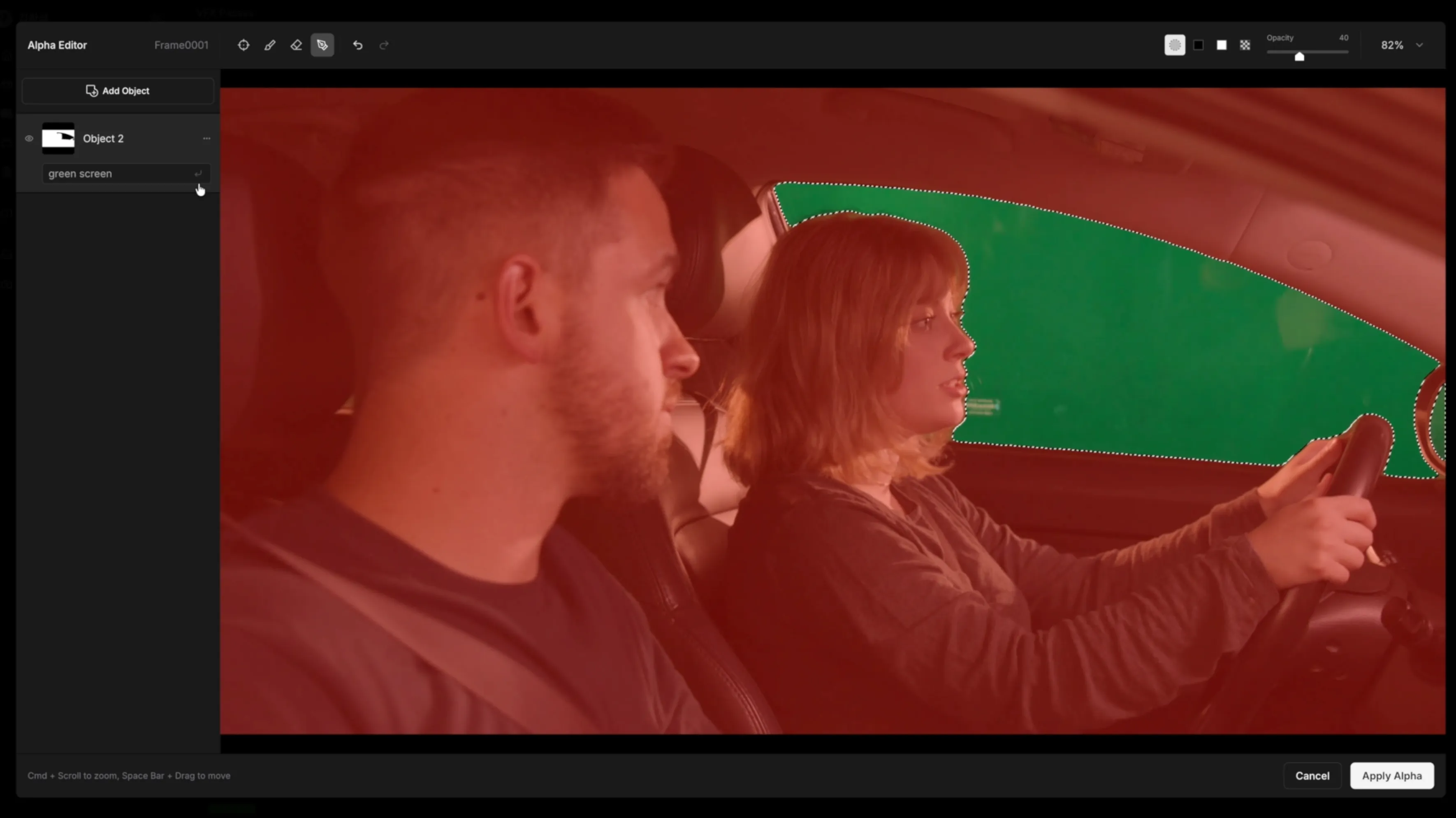 Edit Alpha interface showing a refined alpha matte over source footage