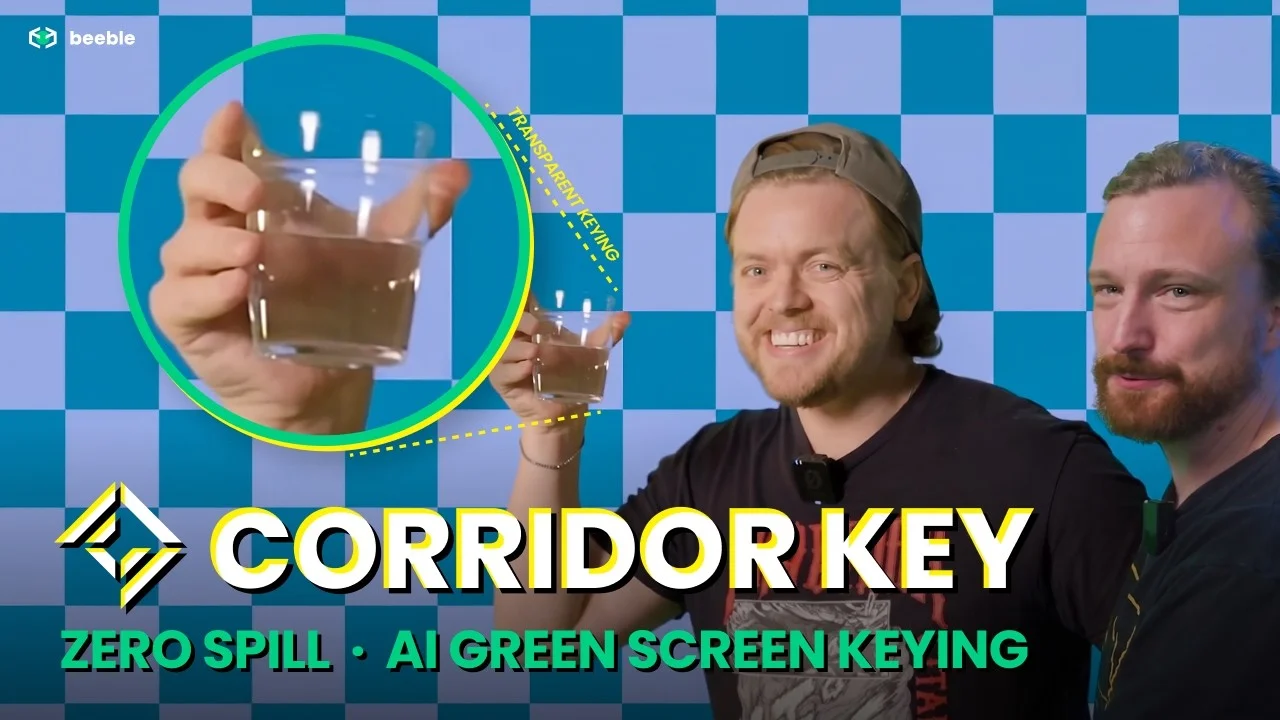 CorridorKey launch card: a hand holding a glass of water keyed with full transparency off a green screen, presented by Corridor