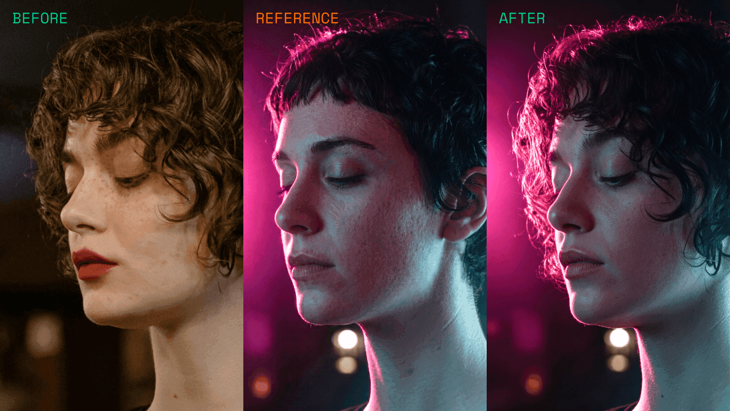 Before, reference, and after frames showing SwitchX applying the reference look to the original shot