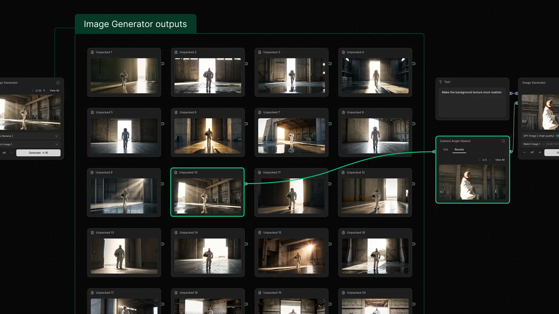 Image Generator output grid comparing lighting variations of one shot