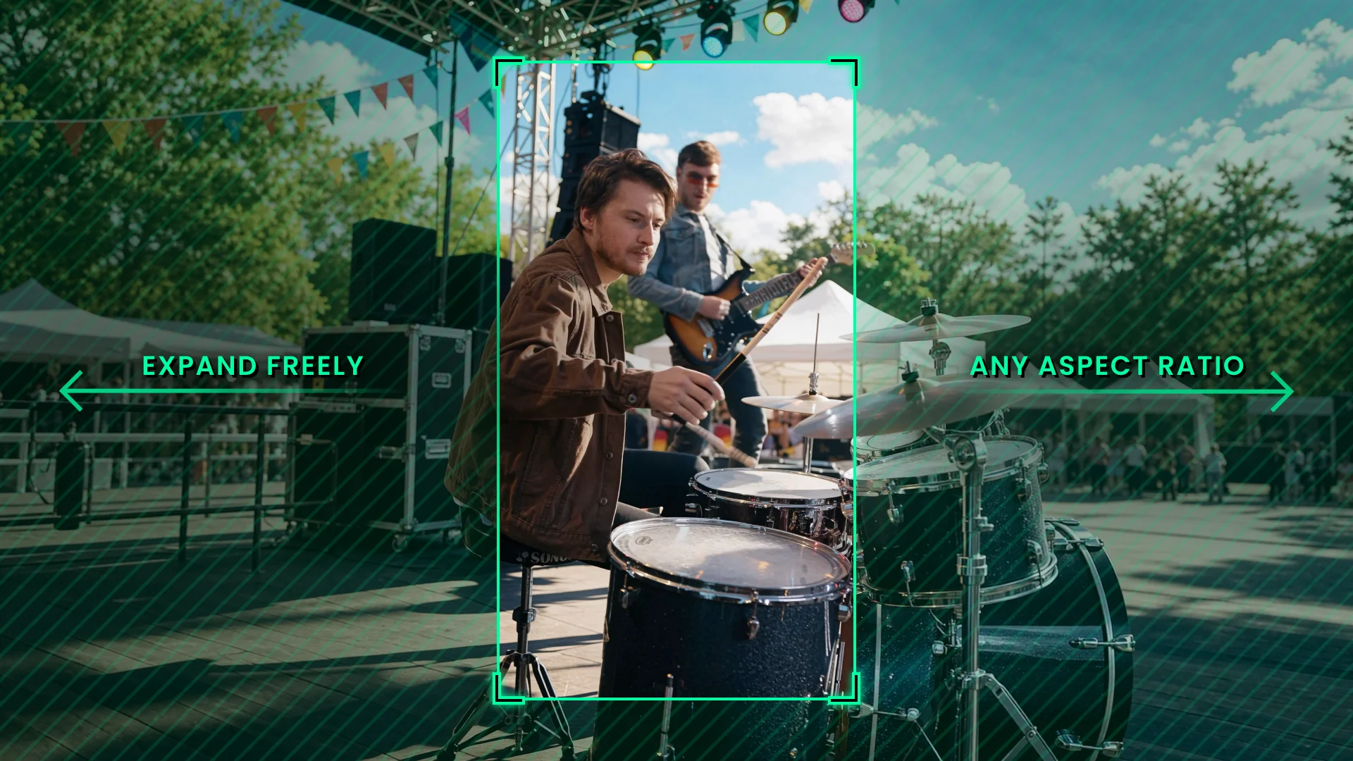 Un baterista dentro de un frame fuente 9:16 mientras el escenario del festival se expande a ambos lados, con flechas rotuladas Expand freely y Any aspect ratio