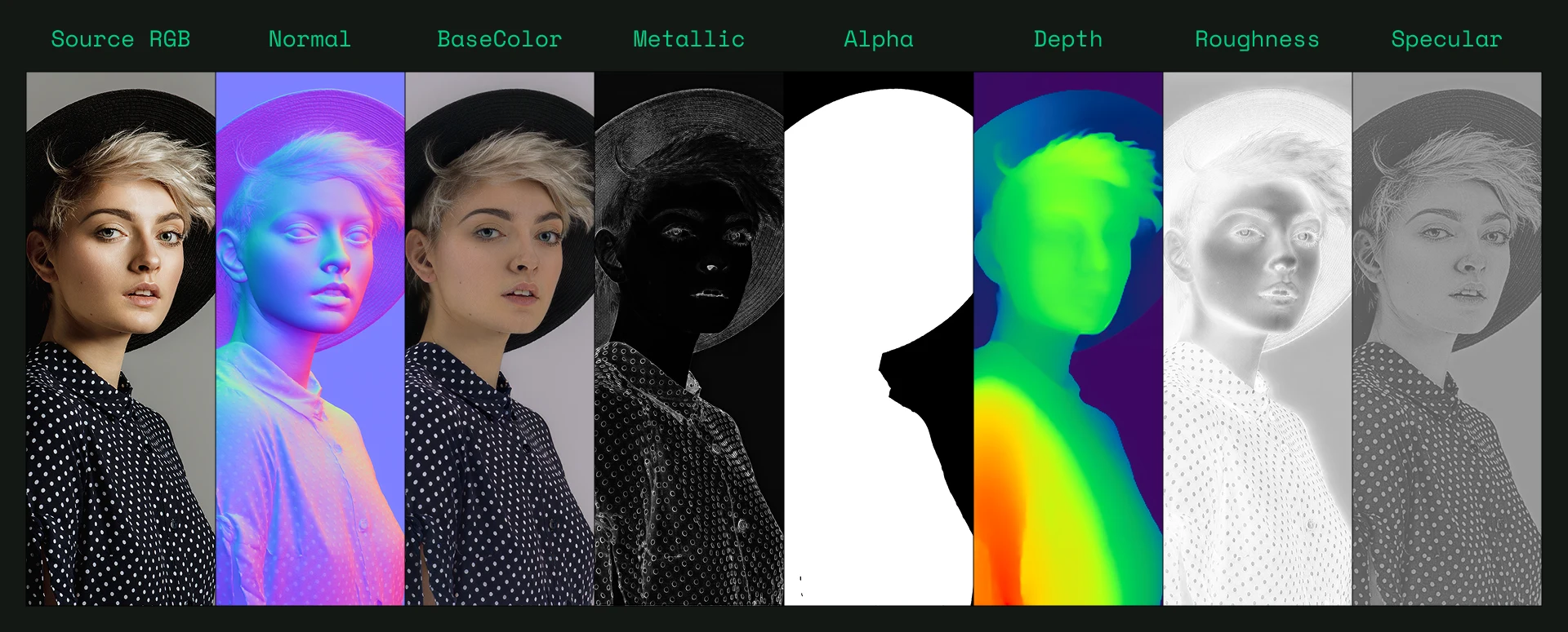 Eight labeled render passes of one portrait side by side: Source RGB, Normal, BaseColor, Metallic, Alpha, Depth, Roughness, and Specular