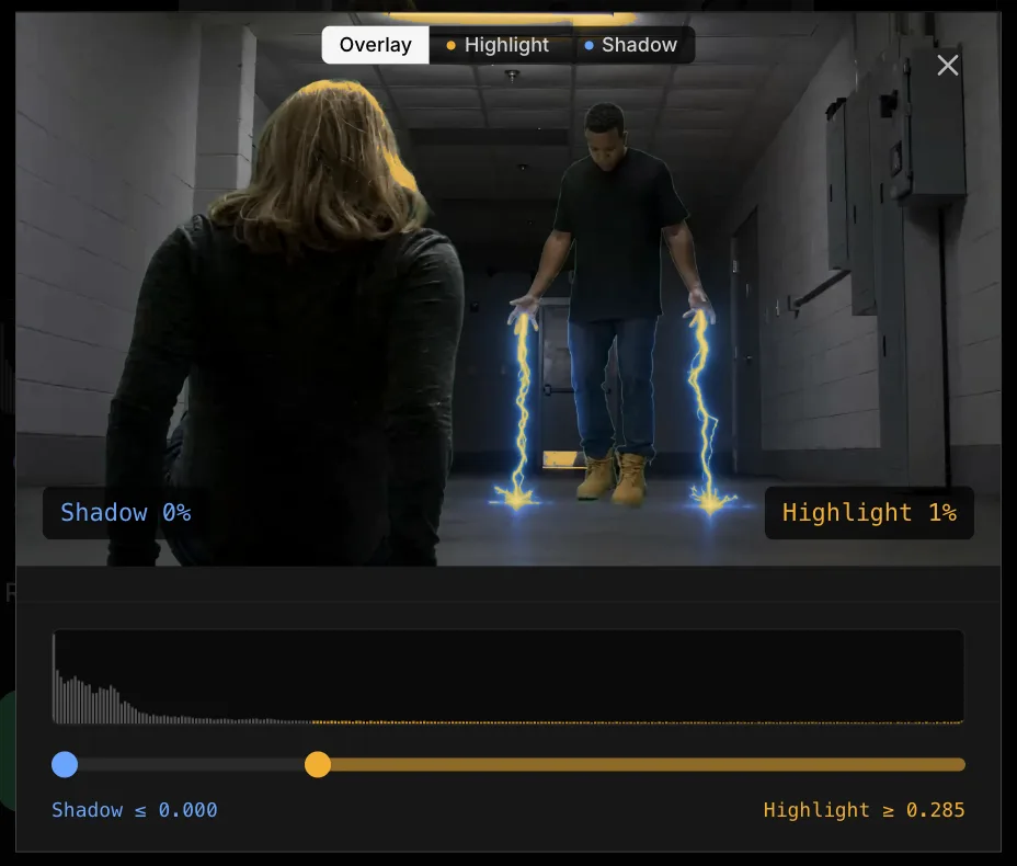Luminance-threshold mask UI — highlight and shadow overlays with histogram slider